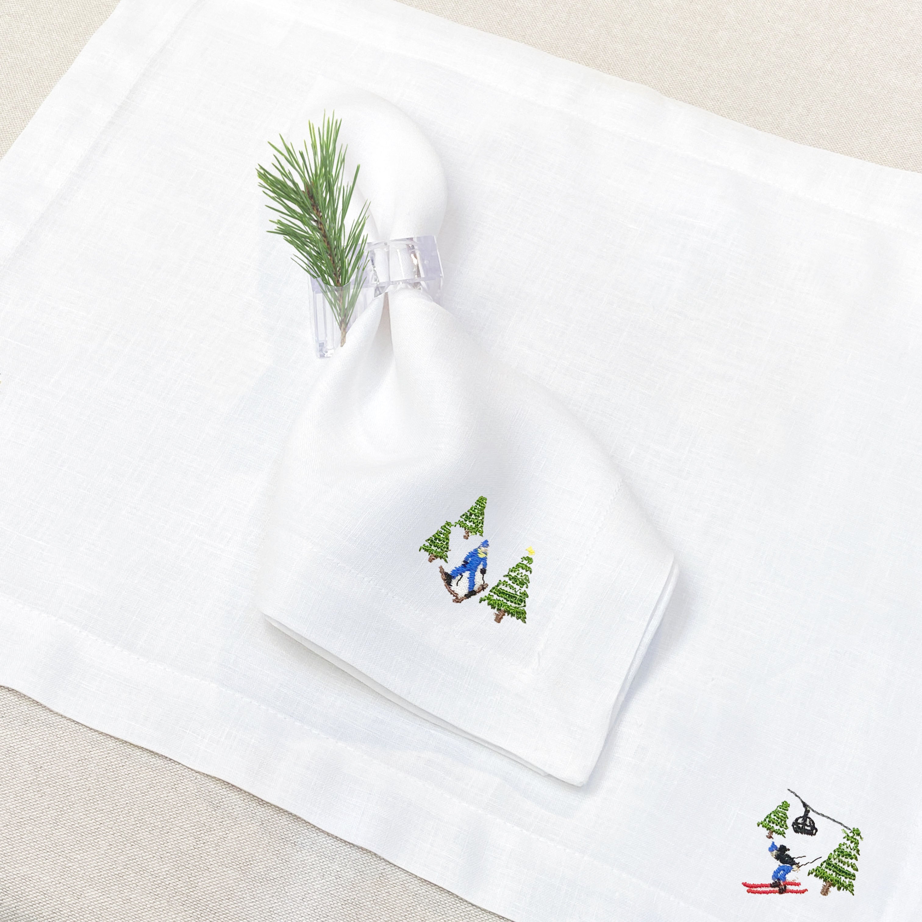 individual con servilleta de lino bordado ski mountain - Barioles Casa