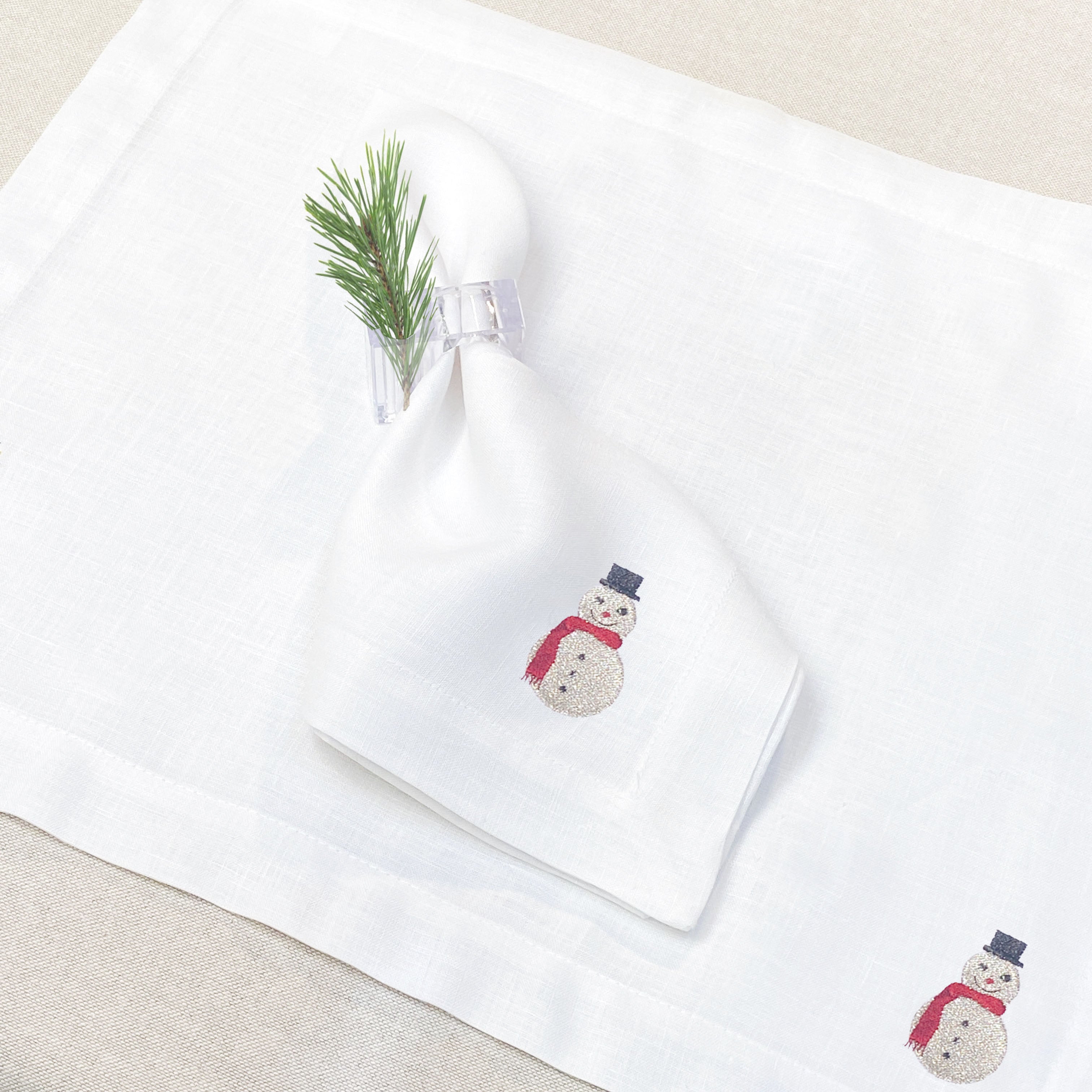 individual con servilleta de lino bordado snowman - Barioles Casa
