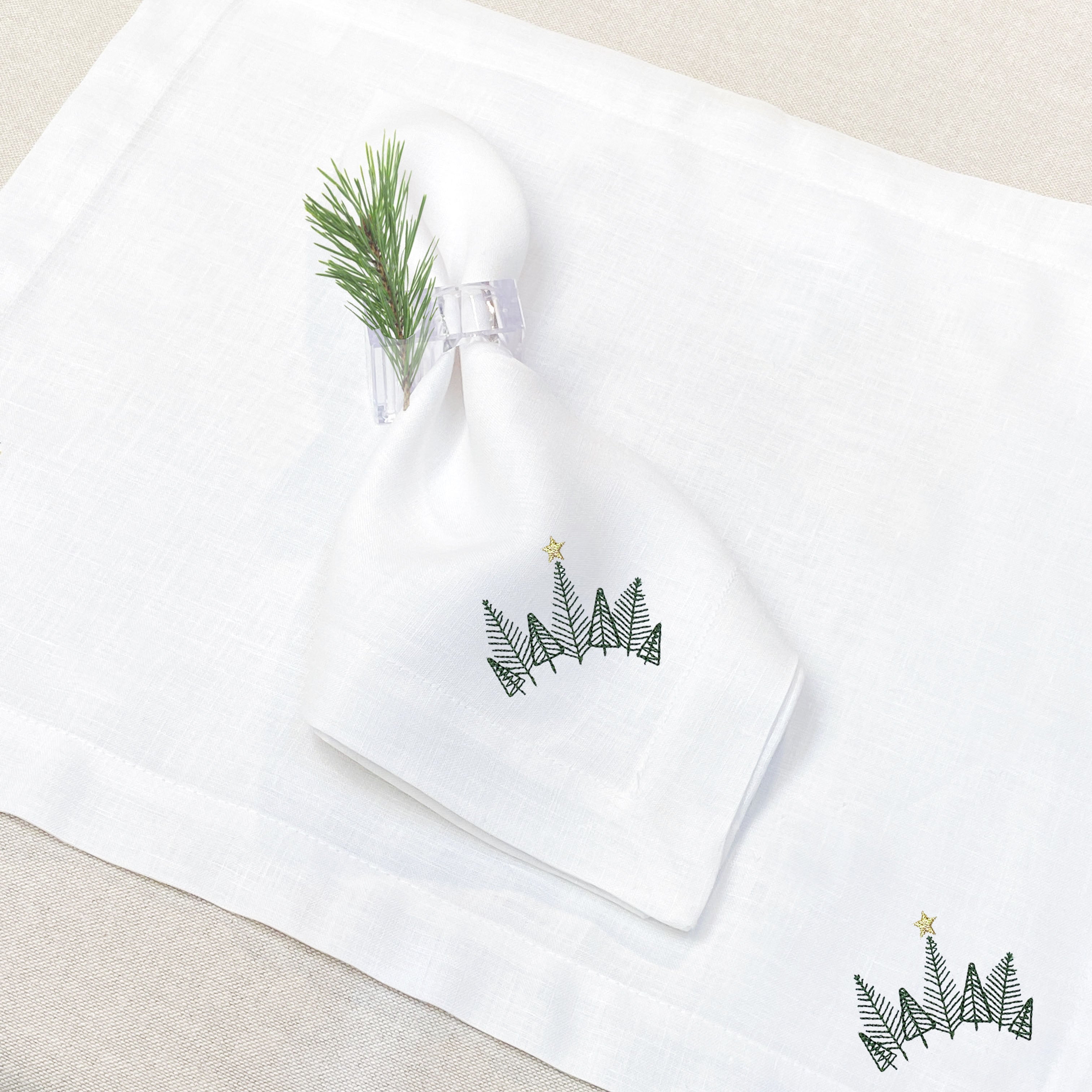 individual con servilleta de lino bordado pinos navidad - Barioles Casa