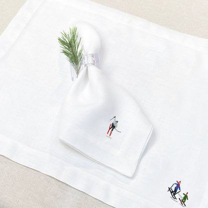 individual con servilleta de lino bordado esquiadores solos - Barioles Casa