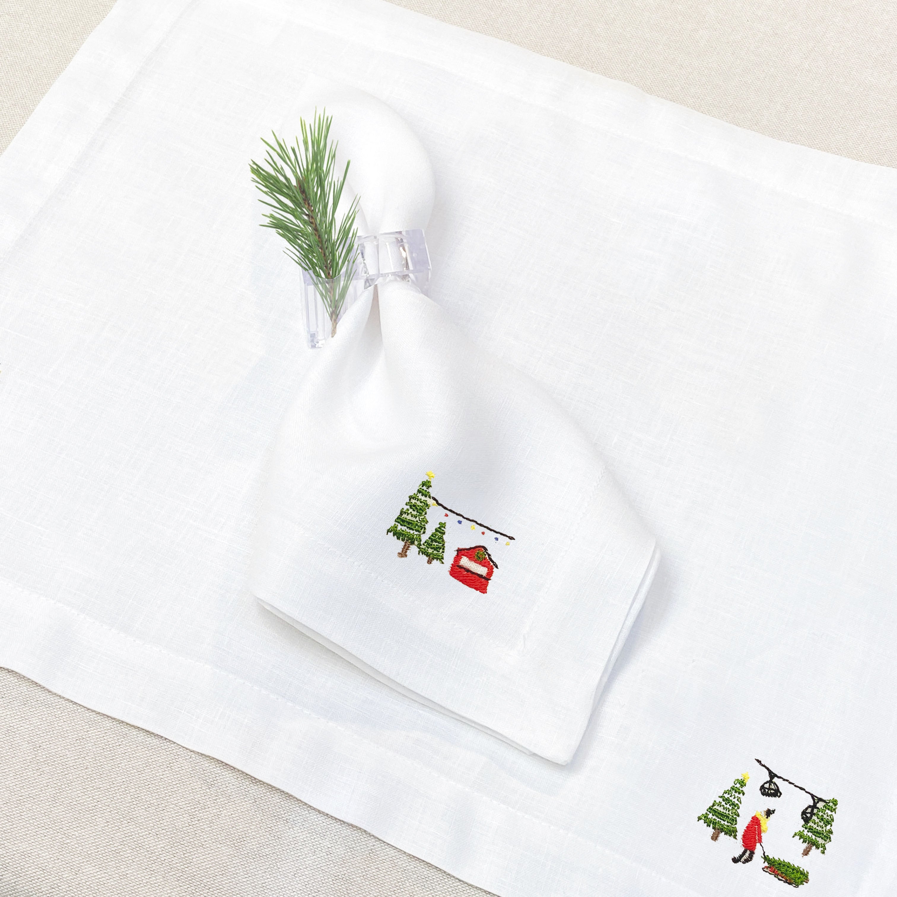 individual con servilleta de lino bordado snow town - Barioles Casa