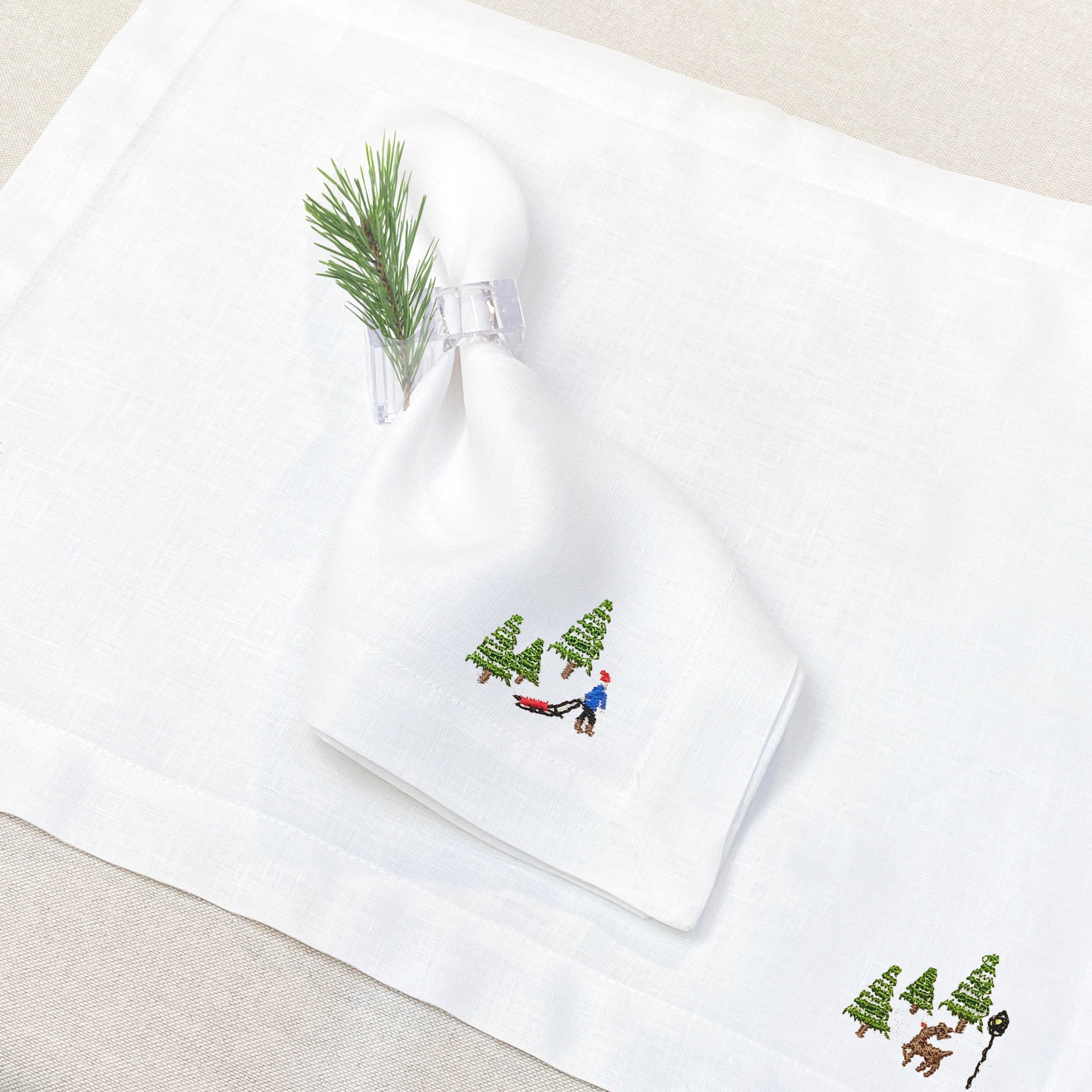 individual con servilleta de lino bordado snow town - Barioles Casa