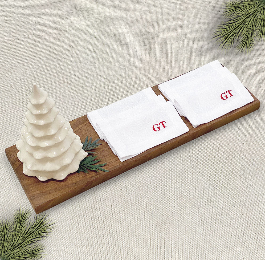 tabla de parota · árbol de cerámica · cocteleras de lino bordadas - Barioles Casa